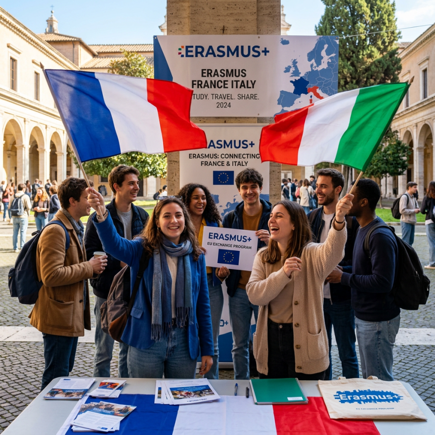 Group of students holding French and Italian flags at Erasmus+ event